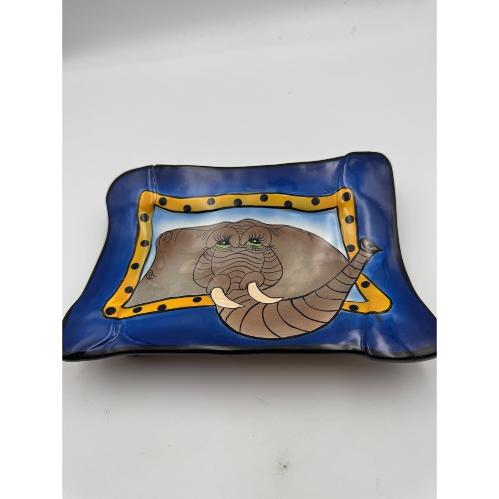 Lynda Corneille Signed Elephant Ceramic Tray Zebra Print Footed Trinket Dish